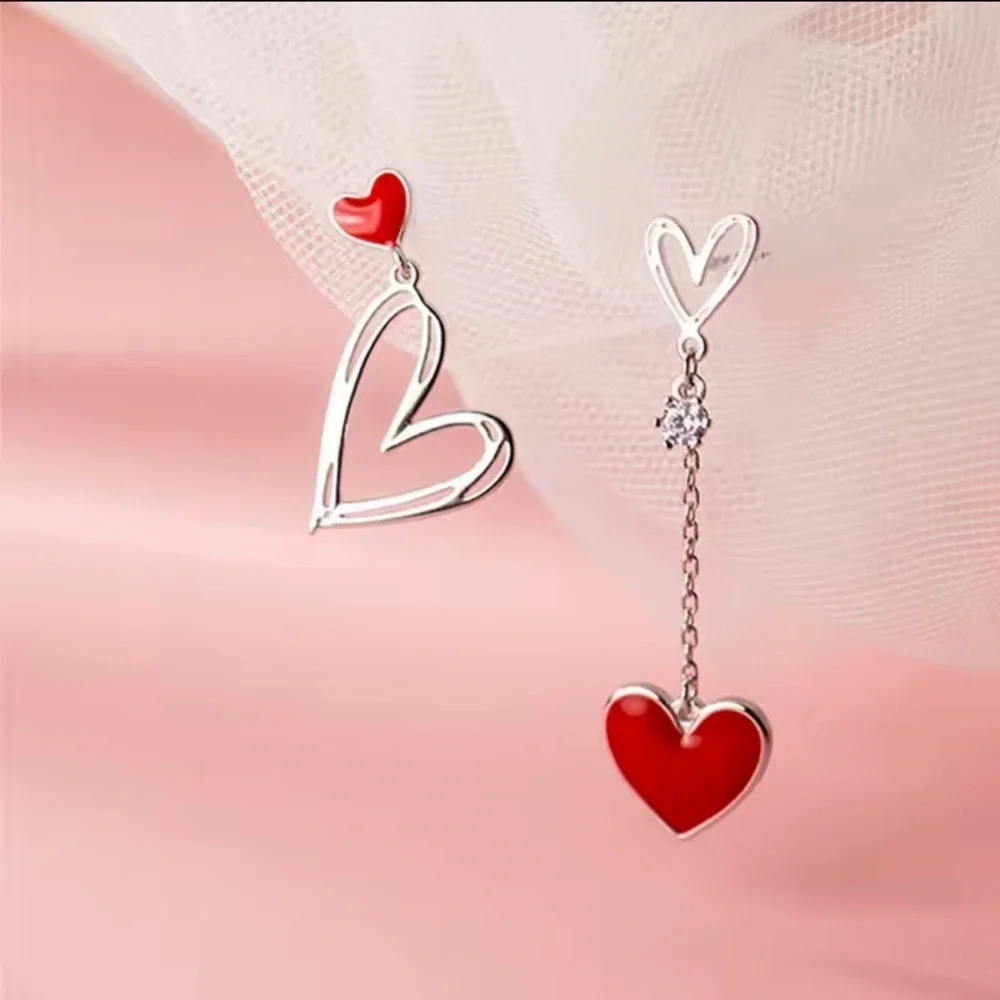 Korean Red Heart Tassel Earrings – Asymmetric Zircon & Pearl Studs ♥️ A7-233